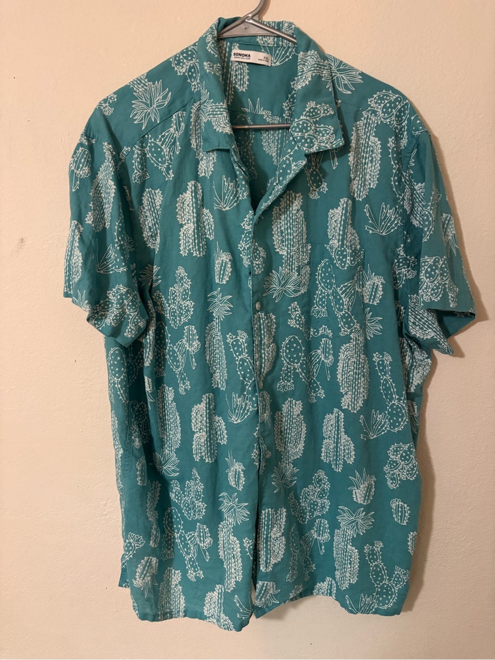Sonoma Teal Cactus Print Short Sleeve Button-Down
